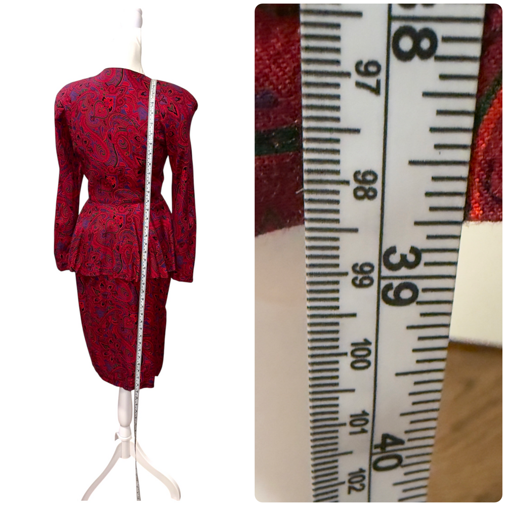 Vintage SAKS FIFTH AVENUE Dress Peplum Power Shoulders Red Paisley Rayon Size 4 - Picture 6 of 16